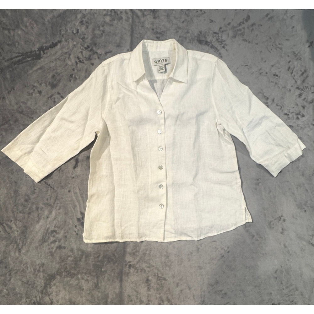 Orvis Women White 100% Linen Button Down Shirt 3/4 Sleeve Size M 10/12